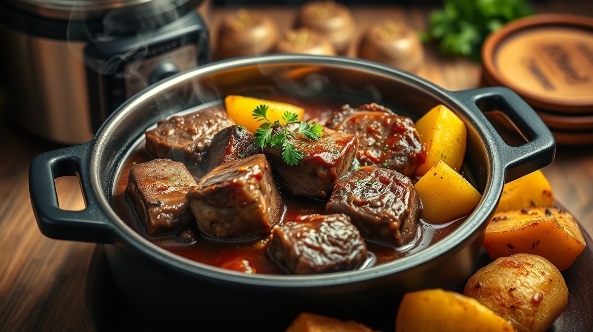 Imagem detalhada do prato de músculo na panela de pressão com batatas, carne suculenta, molho encorpado e cheiro-verde polvilhado, apresentação gourmet rústica