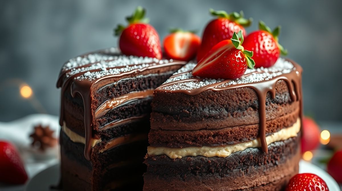 Close-up do naked cake natalino cortado mostrando camadas de massa de chocolate e recheio quatro leites, decorado com Nutella e morangos frescos