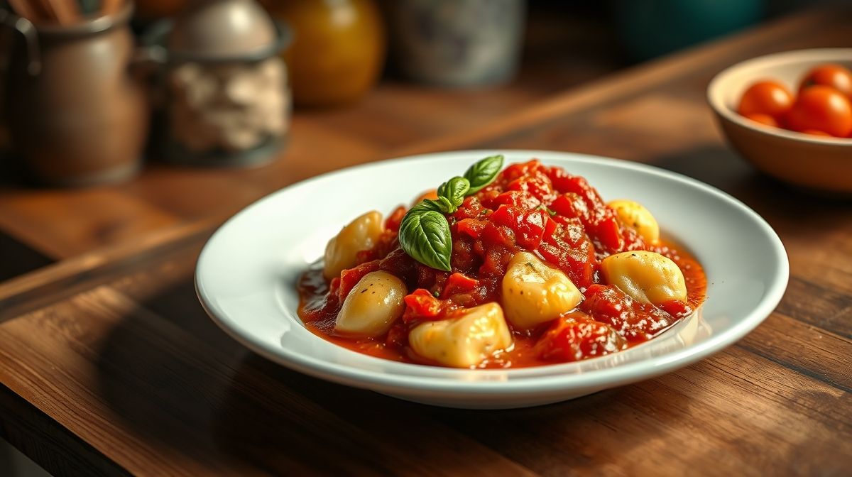 Imagem detalhada do nhoque de pinhão cozido, mostrando a textura macia e dourada, servido em um prato branco com molho de tomate caseiro e guarnecido com folhas de manjericão fresco