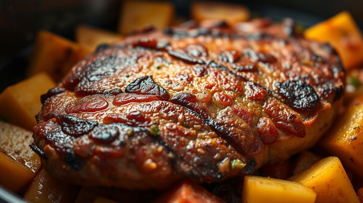 Close-up de patinho assado no forno com legumes como batatas, cenouras e abobrinha, mostrando textura suculenta da carne e legumes bem temperados, estilo foto culinária, luz natural