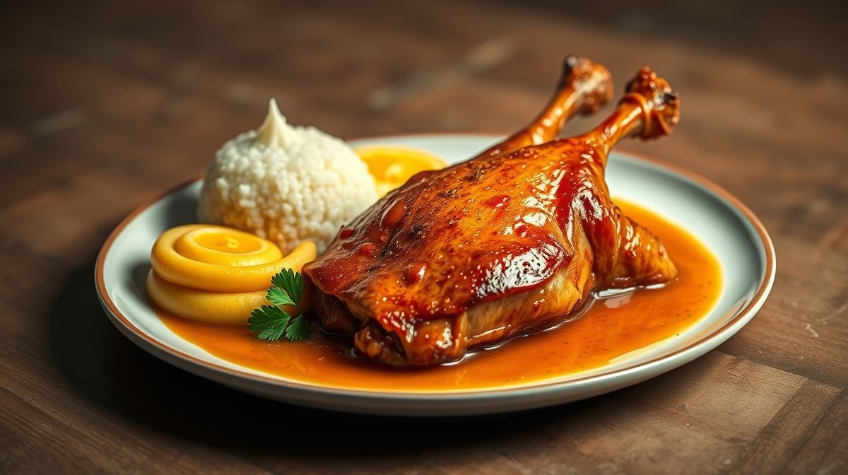 Imagem detalhada do pato ao molho de laranja com pele dourada e crocante, acompanhado de purê de batatas e arroz branco, apresentação elegante e apetitosa
