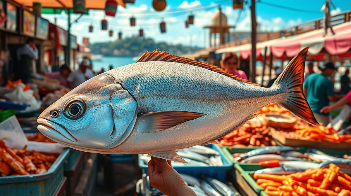 Peixe Tira-Vira inteiro fresco em mercado de peixes brasileiro, destaque para textura da carne branca, ambiente alegre e colorido, cenário costeiro ao fundo