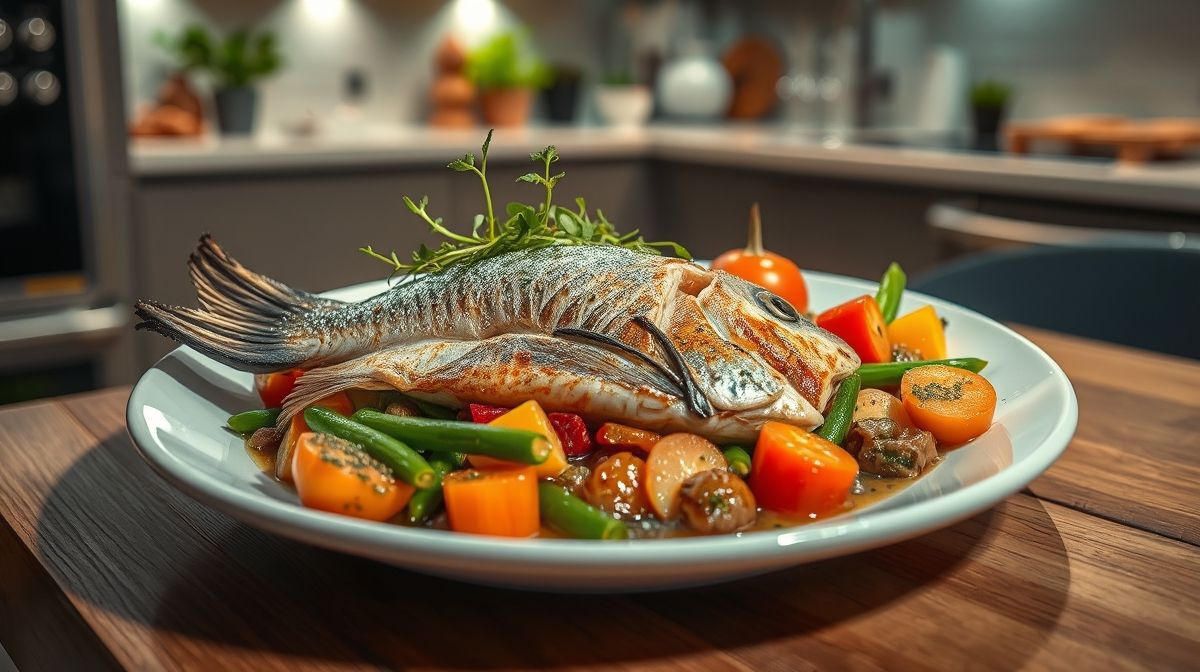Fotografia de um prato saudável com peixe grelhado acompanhado de legumes frescos e ervas, em ambiente de cozinha moderna e iluminada