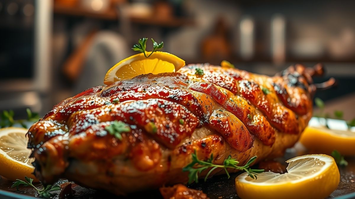 Close-up de piapara assada no forno, detalhes da textura da pele crocante, guarnecida com rodelas de limão, alho e ervas, fundo desfocado de cozinha moderna
