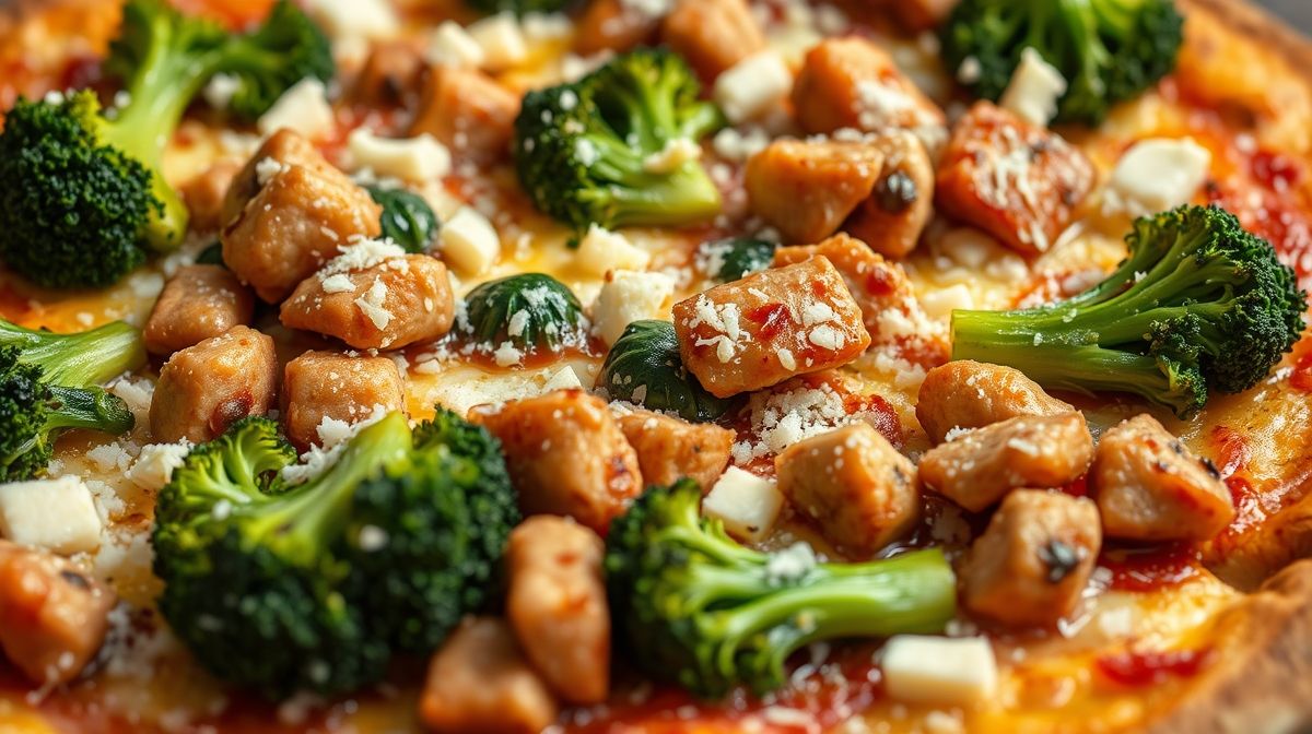 close-up de fatia de pizza de calabresa e brócolis mostrando linguiça calabresa dourada, brócolis verde crocante, queijo gratinado, servido em prato rústico