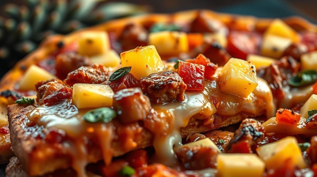 Close detalhado de uma fatia de pizza com jerked suíno e abacaxi, queijo muçarela e cheddar derretidos, mostrando o contraste entre o doce do abacaxi e a carne suína, estilo fotorealista, cores vibrantes