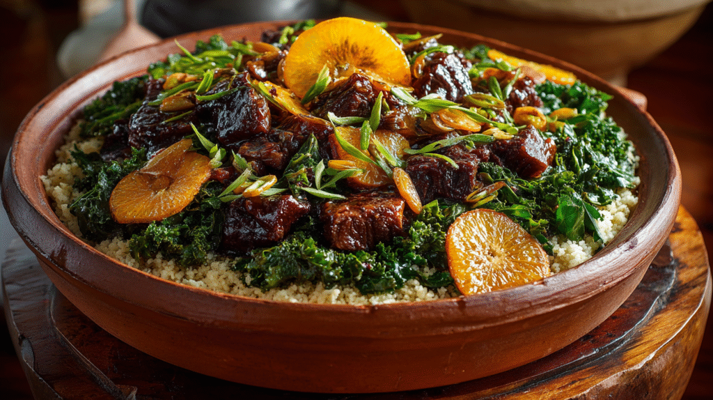 Ingredientes organizados em bancada rústica, incluindo feijão preto, carnes, temperos e acompanhamentos