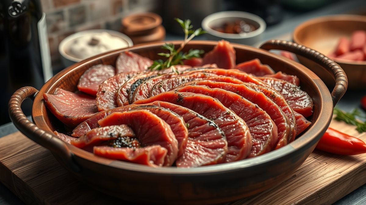 Imagem detalhada de vários cortes de carne crus dispostos em uma tábua de madeira, com especiarias ao redor, em ambiente de cozinha