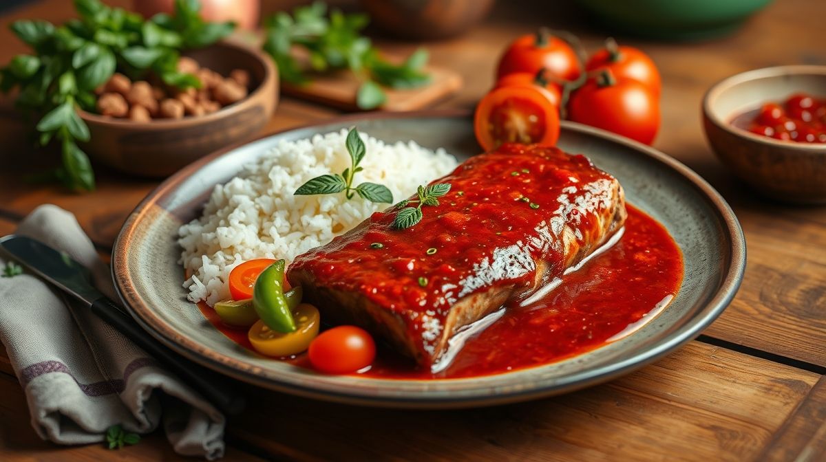 Rabada cozida na panela de pressão, pedaços macios com molho vermelho encorpado, legumes como cenoura e tomate visíveis, prato rústico sobre mesa de madeira, estilo culinária brasileira