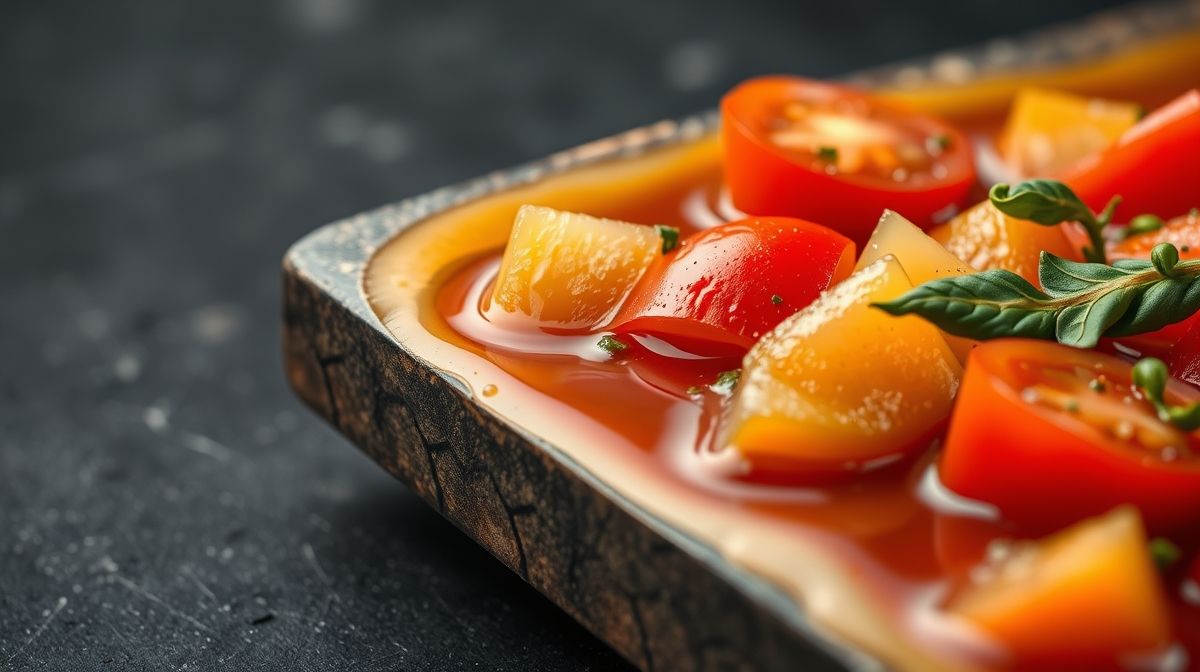Imagem close-up de tigela com vinagrete colorido, mostrando cubos de tomate, cebola roxa, pimentão e folhas verdes, fundo neutro, estilo gastronômico contemporâneo