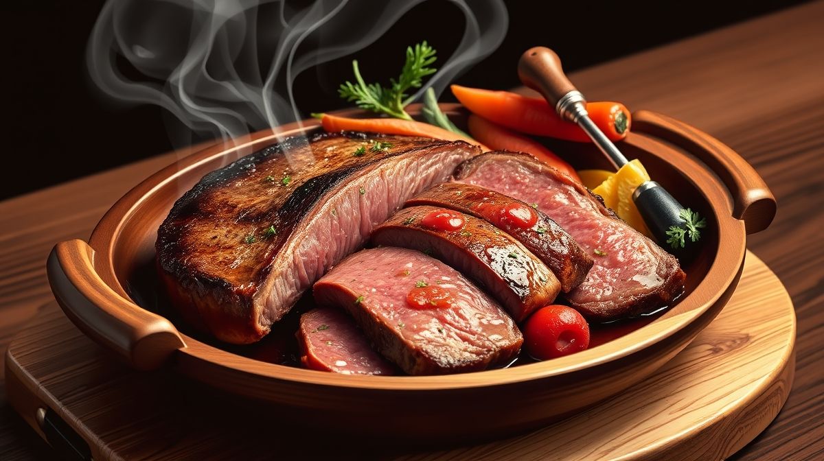 Imagem ilustrativa de costela cortada mostrando os ossos e carne suculenta, em uma tábua de madeira rústica com acessórios de churrasco ao redor, estilo foto de comida caseira