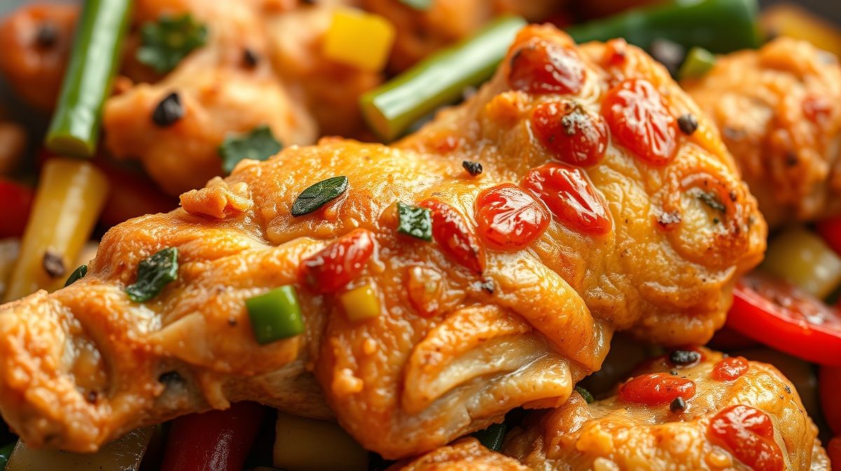 close-up de espetinhos de frango intercalados com legumes frescos como pimentão e cebola grelhados, visual apetitoso, cores vibrantes e textura suculenta