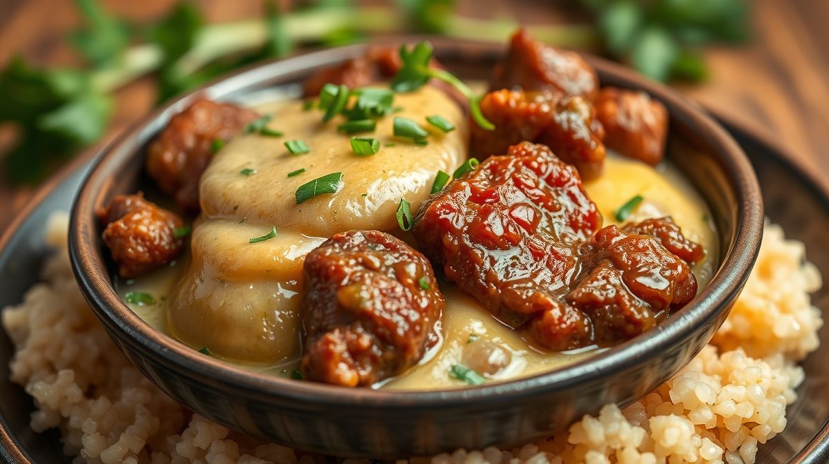 Close-up de rabada com mandioca cremosa servida em prato branco, mostrando textura da carne e mandioca, decorada com cheiro-verde fresco, estilo rústico e convidativo