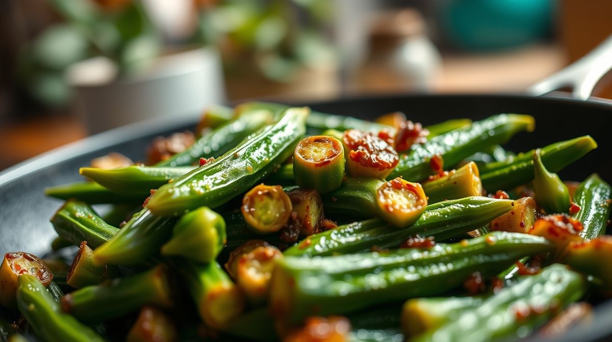Close em quiabo refogado em panela, mostrando textura sequinha e cor vibrante, com fundo desfocado de cozinha, estilo gastronômico brasileiro
