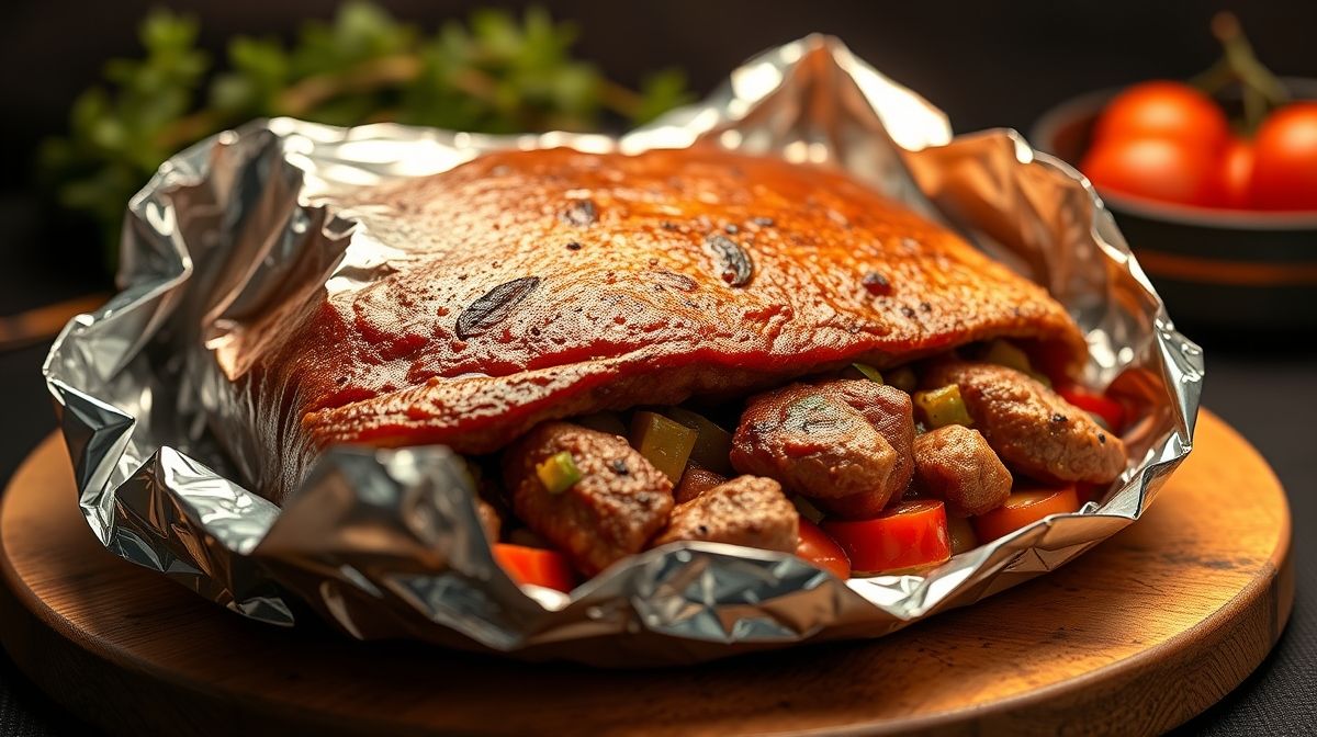 Close-up de rabada de forno temperada com pimentões, cebola e tomates, coberta por papel-alumínio parcialmente aberto mostrando carne macia e suculenta no forno