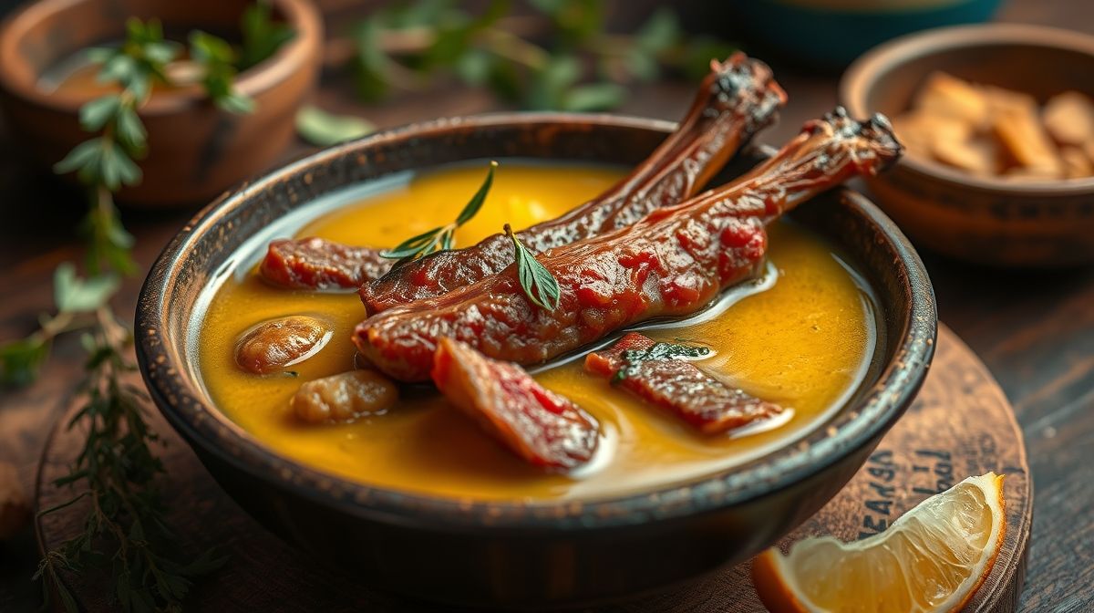 Imagem close-up de rabada no tucupi em panela de barro, destacando o caldo amarelo do tucupi, pedaços suculentos de rabada e folhas de jambu, ambiente aconchegante de cozinha tradicional brasileira