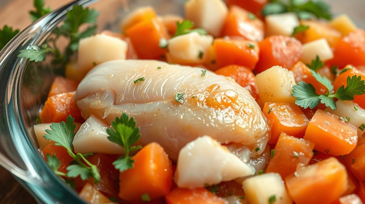 Imagem close-up do preparo do salpicão de frango com ingredientes frescos como cenoura ralada, maçã em cubos, milho e ervilha, mostrando textura e cores vibrantes em uma tigela de vidro transparente