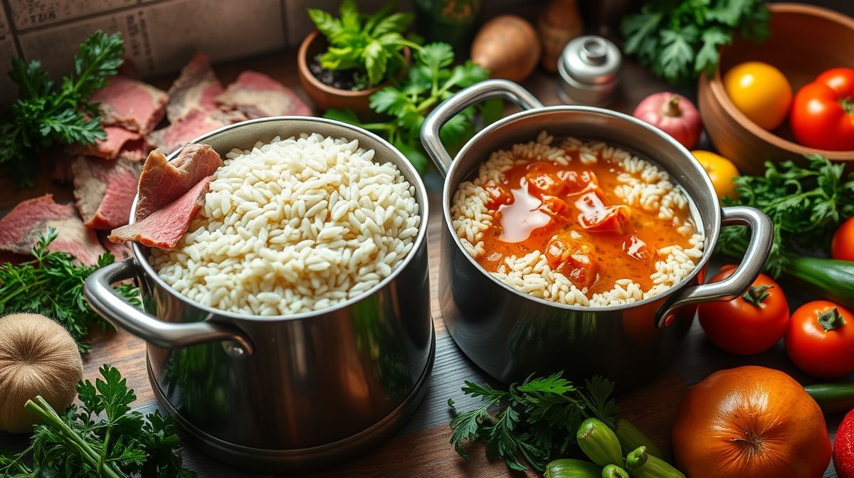 Imagem passo a passo de preparação de risoto de carne, mostrando a carne selecionada em tiras, arroz arbóreo sendo cozido, panela com caldo sendo adicionado, ingredientes frescos e utensílios de cozinha
