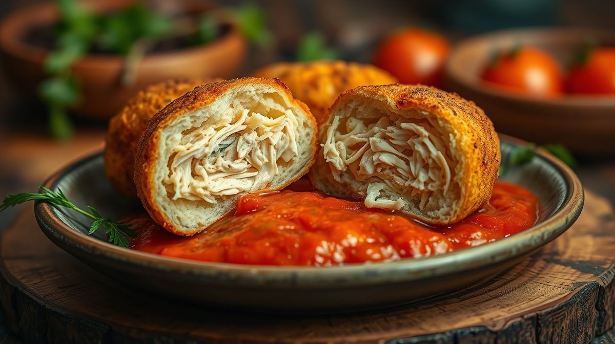 Close-up de rondelli de frango cortado ao meio, mostrando o recheio cremoso de frango desfiado com requeijão, sobre molho de tomate vermelho vibrante, em prato rústico, iluminação quente