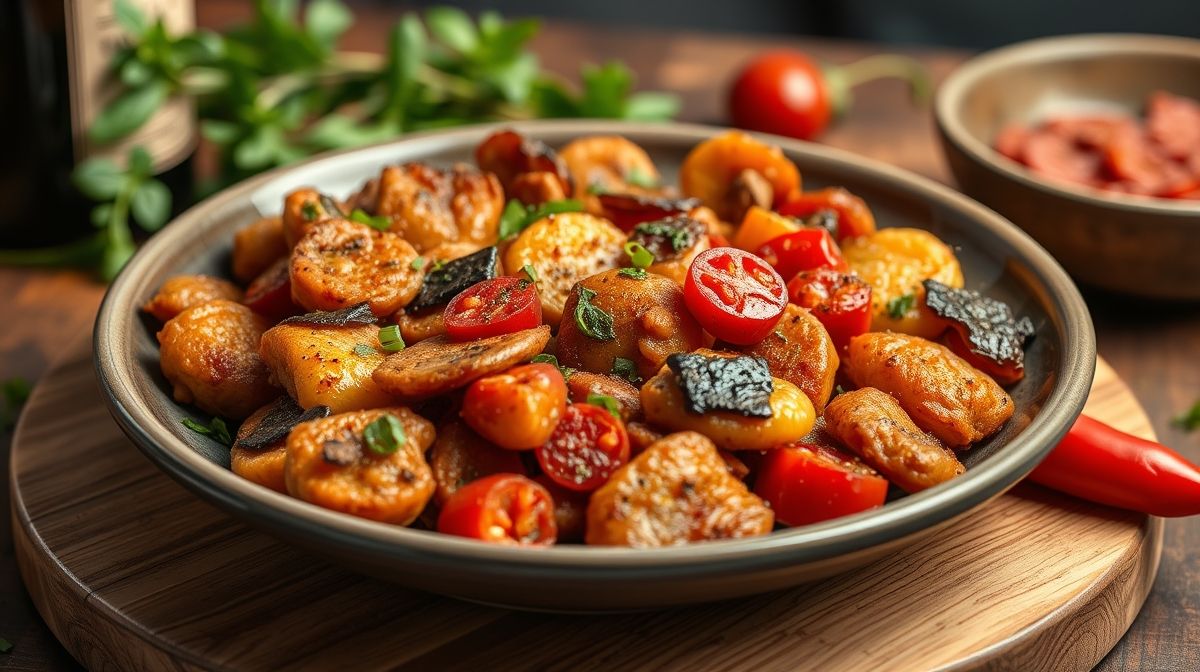 Close em filezinhos de sassami temperados com ervas, pimenta e colorau, crus, prontos para ir ao forno, em tabuleiro sobre uma mesa de madeira
