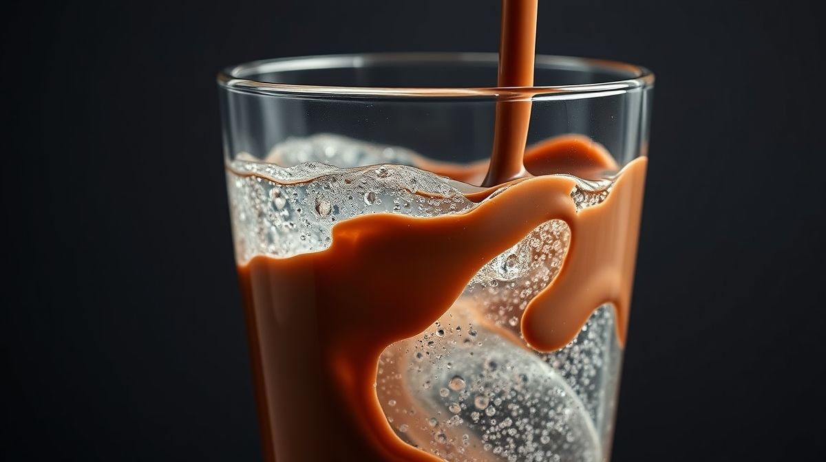 Imagem detalhada da calda cremosa de chocolate sendo misturada com água com gás em um copo transparente, mostrando a efervescência e textura aveludada