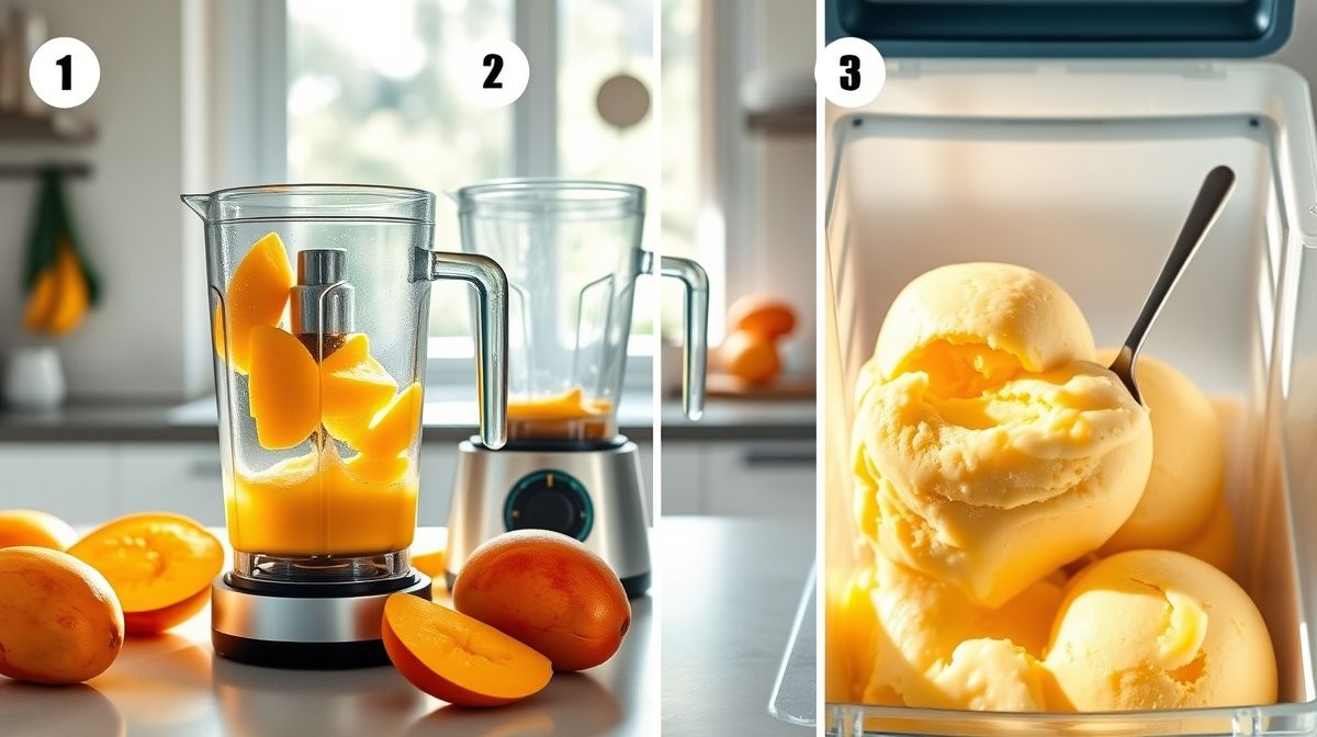 Imagem passo a passo mostrando manga madura cortada, liquidificador com mistura de manga e açúcar, e sorbet de manga cremoso sendo mexido no congelador