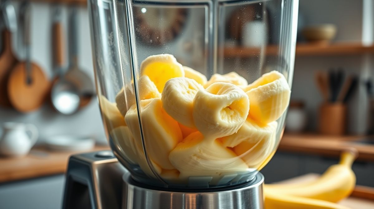 Close-up do processo de preparo do sorvete de banana, mostrando bananas congeladas sendo processadas em liquidificador, com textura cremosa se formando, fundo de cozinha moderna e utensílios culinários, fotografia com luz natural