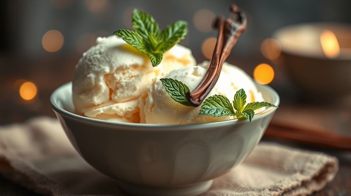 Close-up de sorvete de baunilha caseiro em uma taça, com textura cremosa evidente, decoração com fava de baunilha e folhas de hortelã, fundo desfocado aconchegante