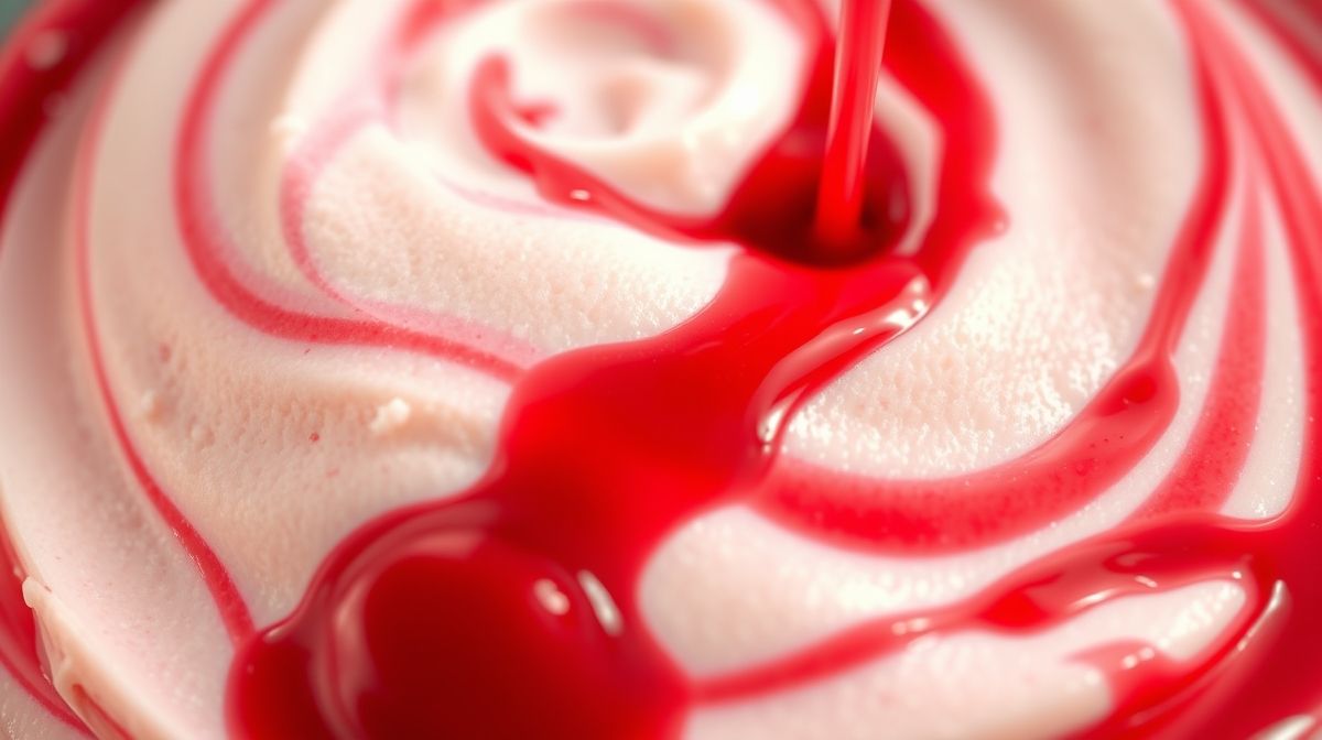 Close-up do preparo do sorvete de cereja, mostrando a calda de cereja sendo misturada na base cremosa, destacando a textura cremosa e a cor vermelha vibrante das cerejas