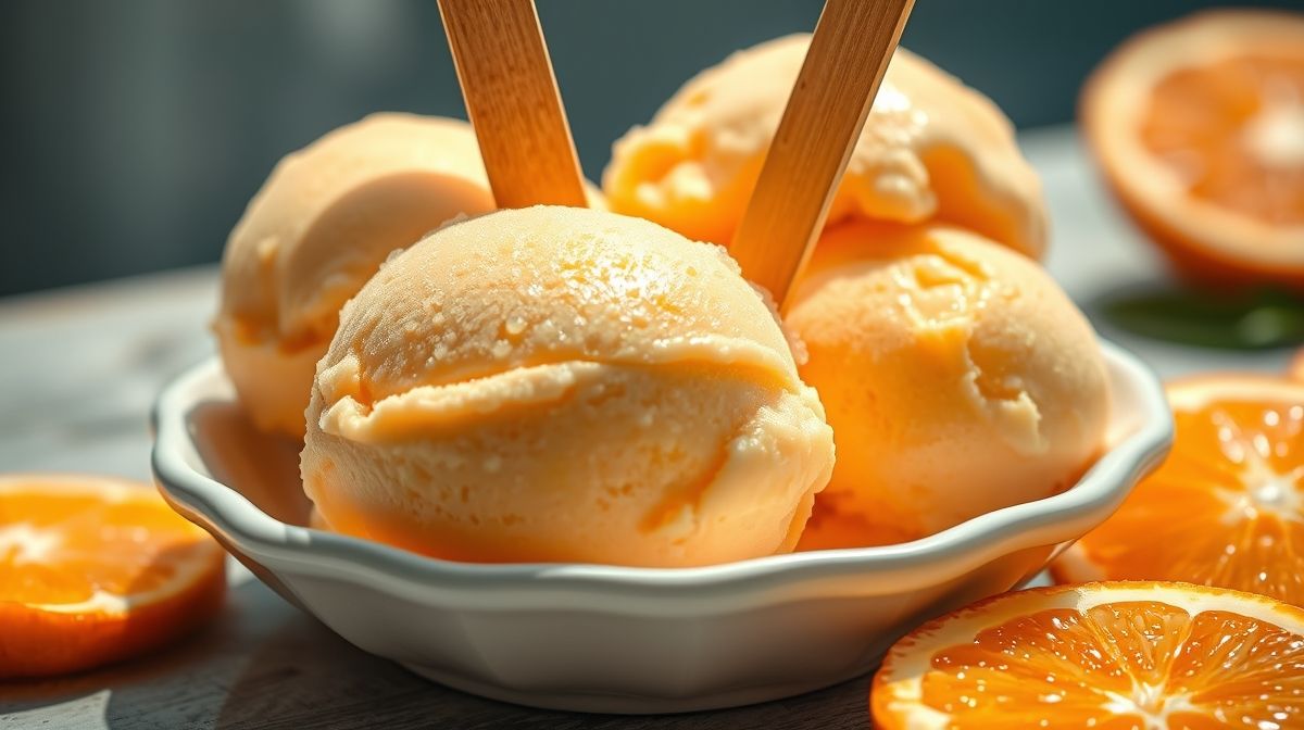 Close-up de sorvete de laranja caseiro com textura cremosa, palitos inseridos e detalhes de laranja fresca ao lado, estilo fotográfico realista