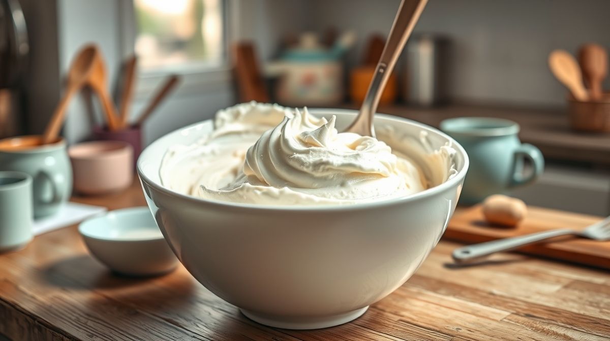 Imagem detalhada do passo a passo de preparo do sorvete de leite Ninho, mostrando creme de leite batido com leite condensado e leite em pó, em uma tigela branca sobre bancada de cozinha