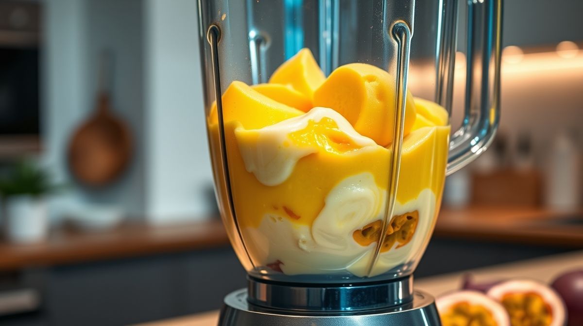Close-up de um liquidificador com ingredientes cremosos e frescos de maracujá para sorvete caseiro, mostrando textura e cores vibrantes, em cozinha moderna e iluminada