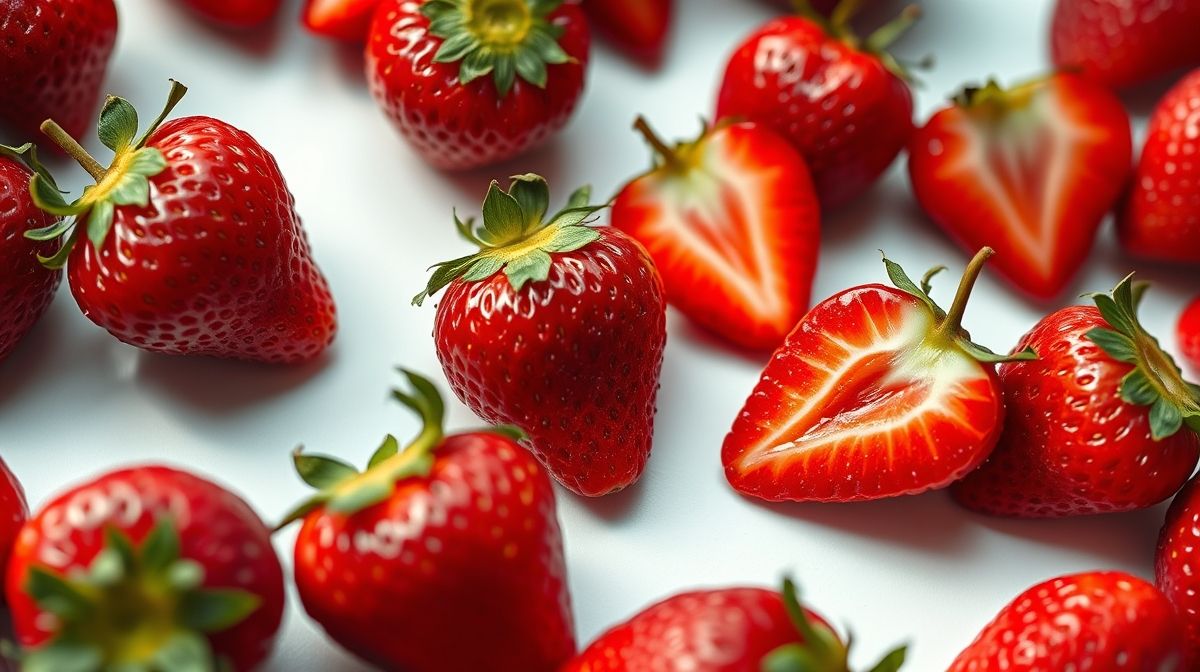 Close up de morangos frescos e maduros, picados e inteiros, sobre superfície branca, com luz suave para evidenciar cor vibrante