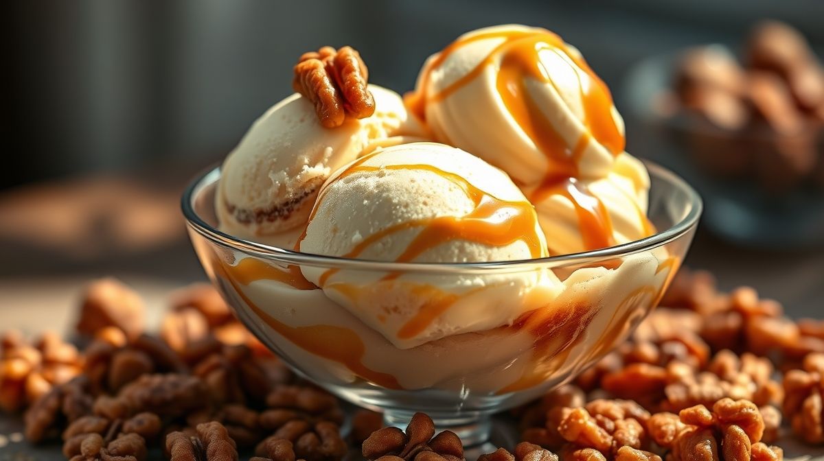 Imagem detalhada de sorvete artesanal de nozes e doce de leite com textura cremosa, servido em taça transparente, decorado com pedaços de nozes caramelizadas, estilo gourmet, iluminação natural