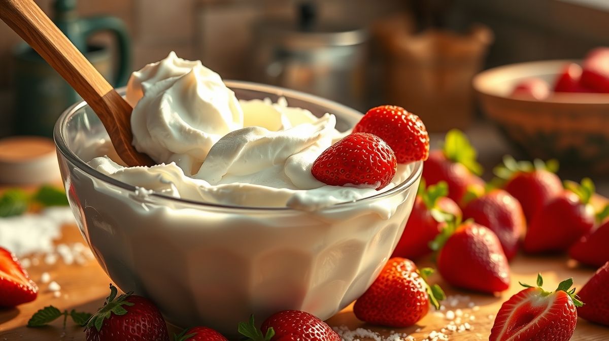Imagem close-up do processo de preparo de sorvete caseiro, com creme batido e morangos frescos à mostra