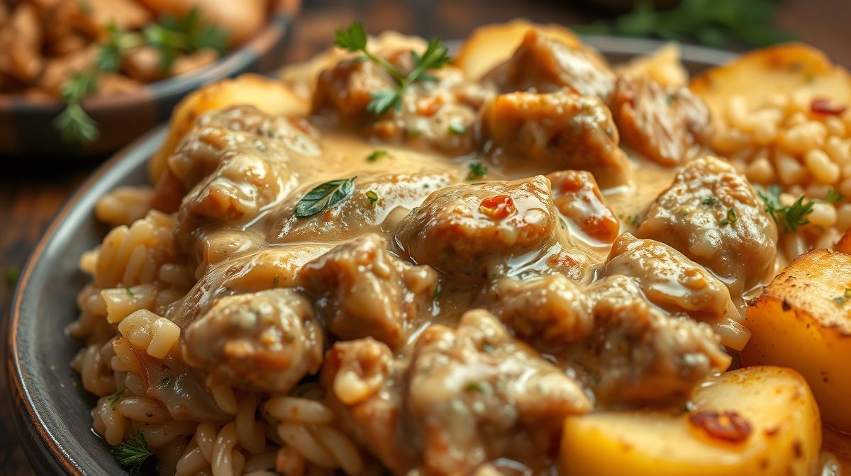 Imagem close-up de uma porção generosa de strogonoff com carne macia, cremoso e acompanhamentos clássicos como arroz branco e batata palha, em um prato rústico