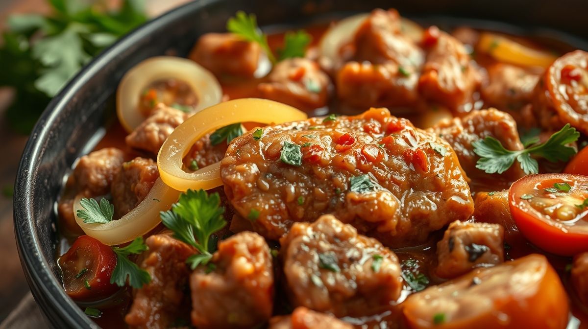 Close-up do preparo do strogonoff de carne moída com ingredientes frescos ao redor, destacando cebola, alho, tomate, e carne moída refogada, em estilo gastronômico realista