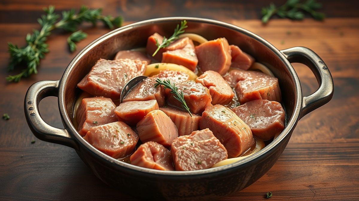 Imagem ilustrativa mostrando diferentes cortes de carne bovina em uma tábua de madeira para preparar strogonoff, com temperos naturais ao redor, foco em textura e frescor