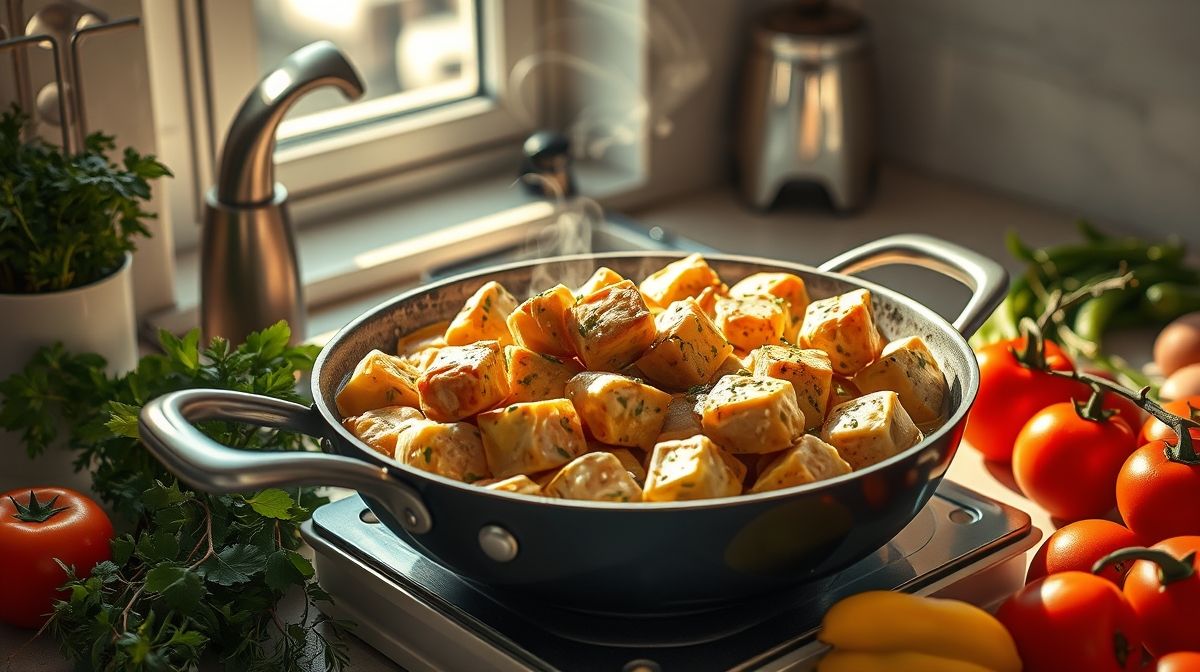 Imagem detalhada do preparo do strogonoff de frango sem ketchup, mostrando cubos dourados de frango na panela com molho encorpado, ingredientes frescos ao redor, ambientação de cozinha simples e limpa