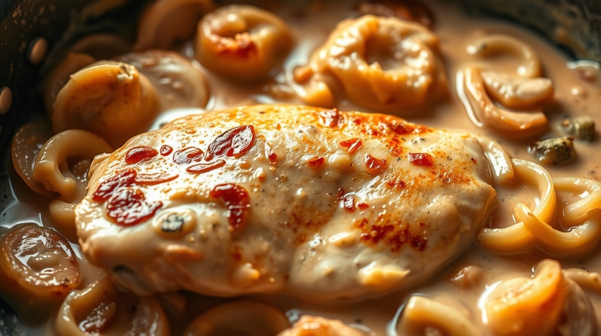 Imagem detalhada do preparo de strogonoff de frango cremoso sem molho de tomate, mostrando frango dourado, cebola e alho refogados em panela, textura cremosa do molho, cores vivas, estilo foto gastronômica profissional
