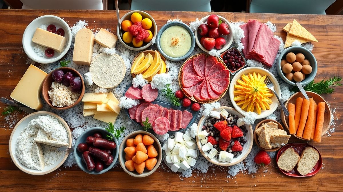 Detalhe da montagem de uma tábua de frios para 30 pessoas, mostrando queijos fatiados, embutidos, frutas, torradas e acompanhamentos organizados harmoniosamente sobre uma tábua de madeira