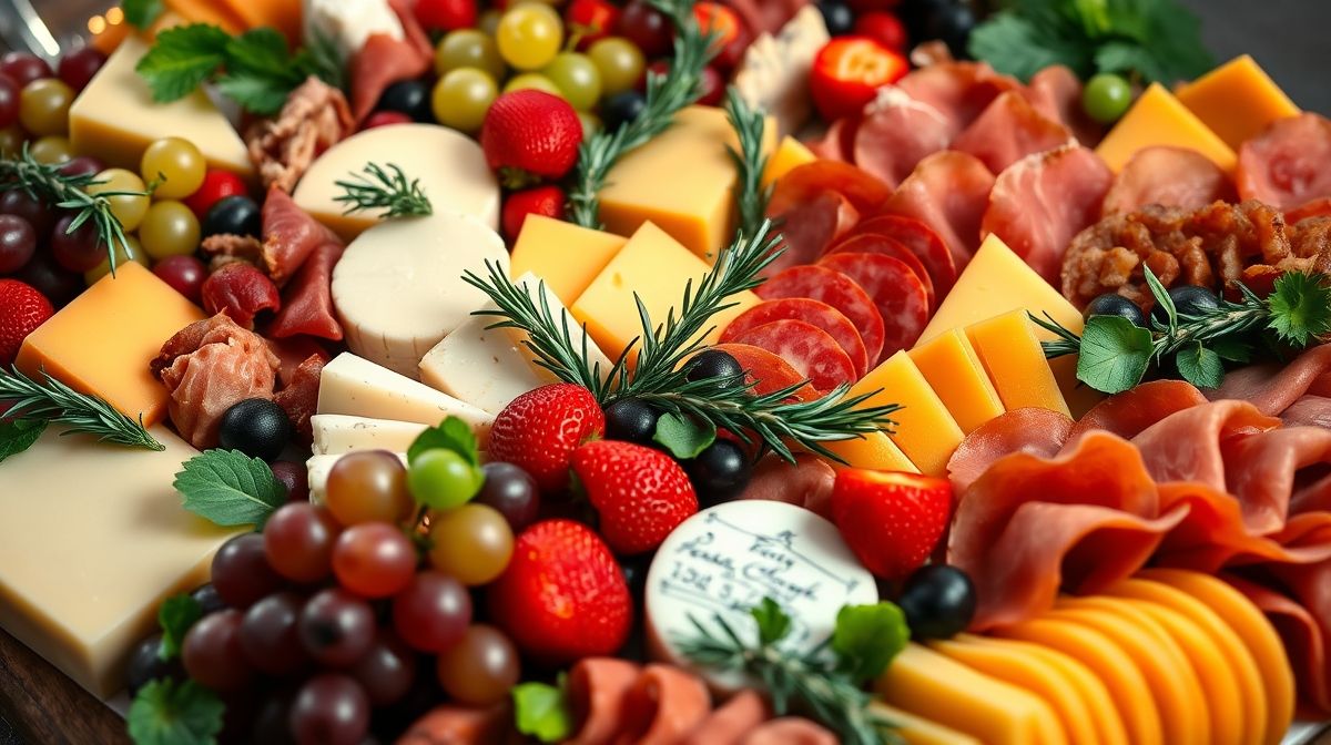 close-up da tábua de frios para 30 pessoas com queijos gouda, prato, provolone, embutidos como presunto e salame, frutas frescas como uvas e morangos, decoração com folhas verdes e alecrim, apresentação organizada e apetitosa