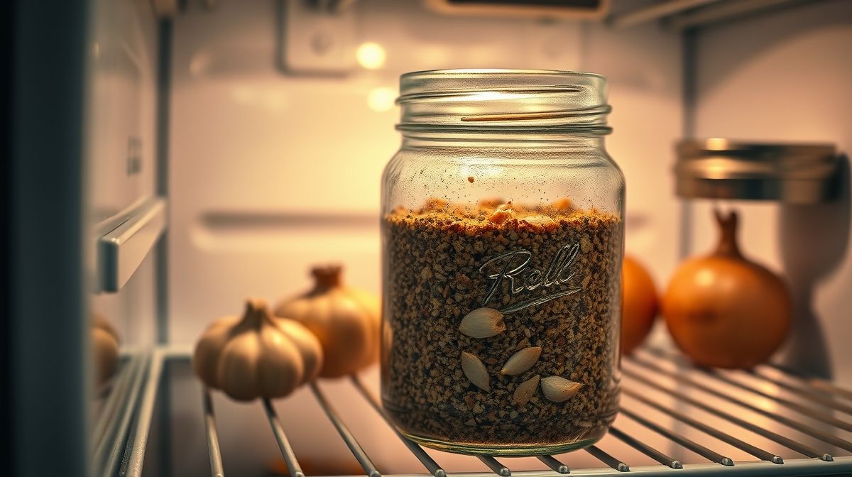 Foto detalhada de tempero caseiro de alho e cebola em pote transparente na geladeira, texturas visíveis, ambiente de cozinha caseira