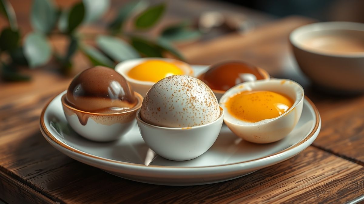 foto de ovos cozidos em diferentes estágios, apresentando gema mole, gema dura e clara firme, em uma mesa de café da manhã