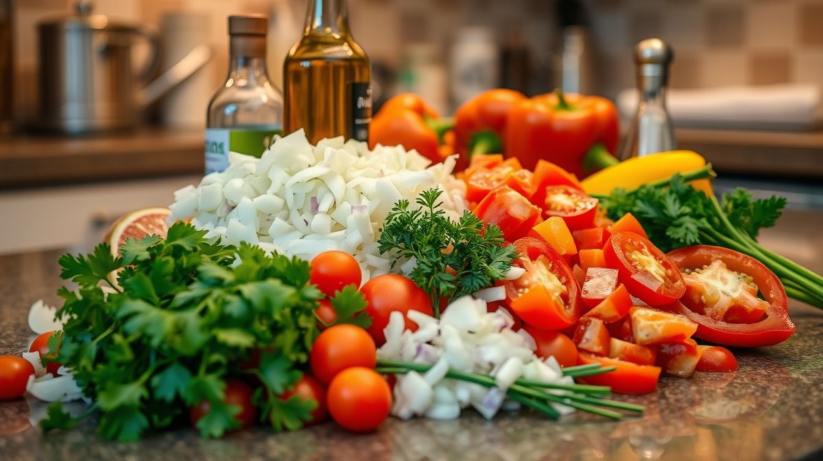 ingredients for vinagrete salad neatly arranged on a kitchen counter, diced tomatoes, chopped onions, colorful bell peppers, fresh parsley and chives, olive oil bottle, vinegar bottle, salt and pepper shakers, warm ambient light