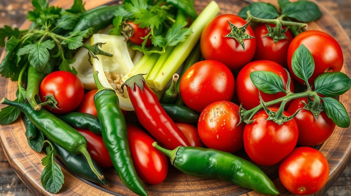 Imagem detalhada de ingredientes frescos para vinagrete, tomates vermelhos, cebolas, pimentões coloridos, cheiro-verde, azeite e vinagre, dispostos sobre uma tábua de madeira rústica