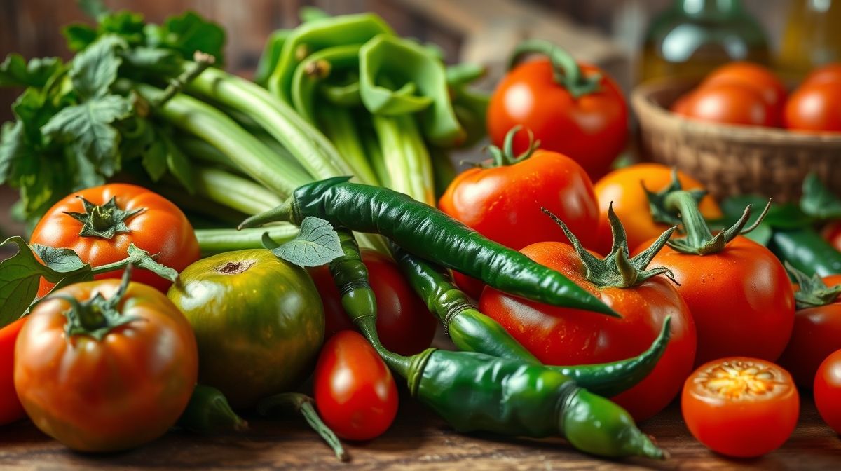 Foto detalhada de ingredientes frescos para vinagrete: tomates maduros, cebolas, pimentões verde, amarelo e vermelho, cheiro-verde, azeite e vinagre, cenário de cozinha caseira iluminada