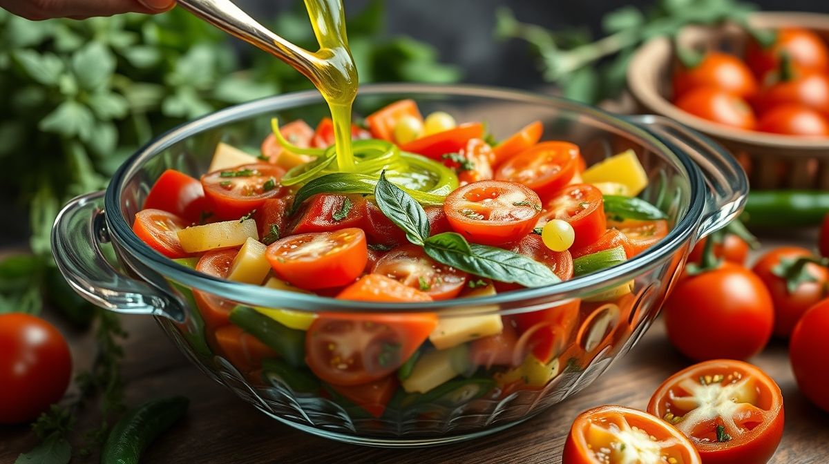 Imagem detalhada de vinagrete sendo preparado com tomate, cebola, pimentões coloridos e cheiro-verde, em recipiente grande para festa, apresentação apetitosa e fresca