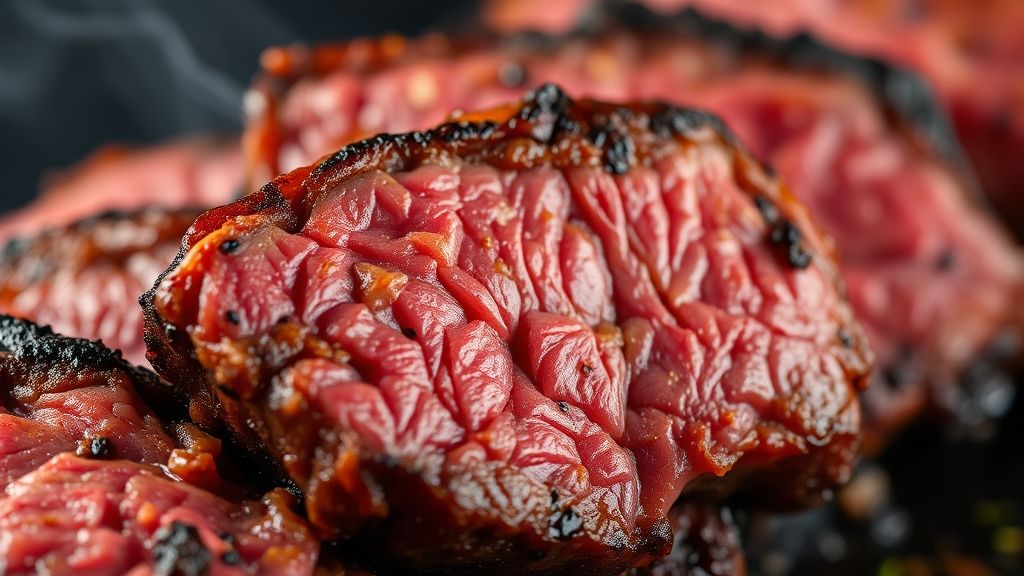 Close-up de corte de carne de segunda pronto, destacando textura suculenta e crosta dourada.