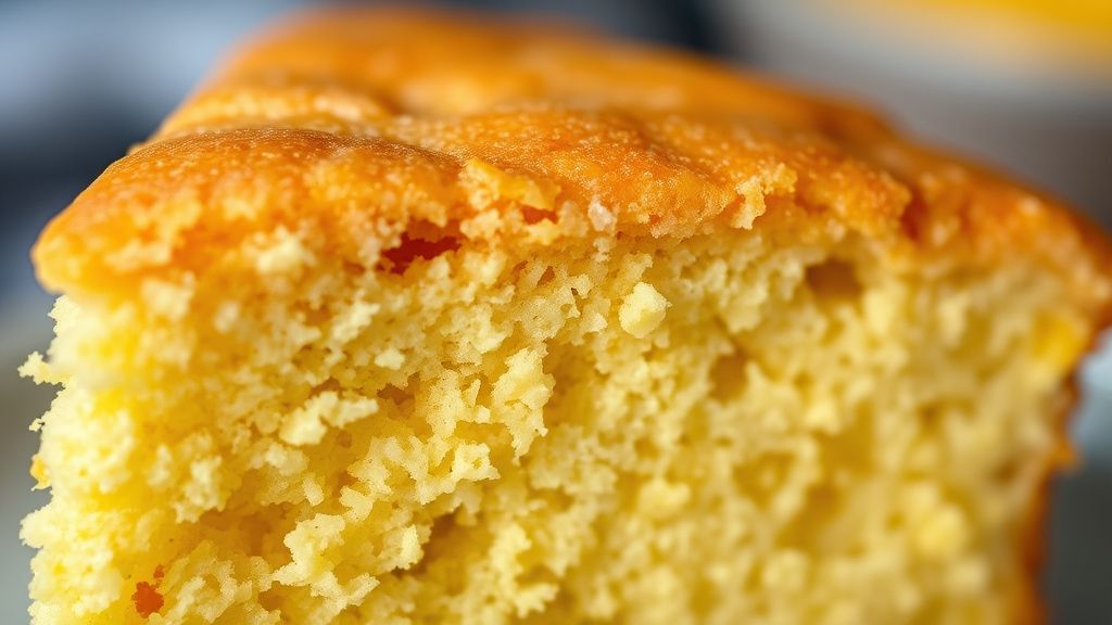 Close-up mostrando a textura fofa do bolo de fubá sem farinha de trigo em uma fatia servida.